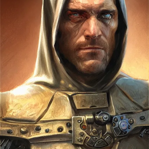 Image similar to the hooded doomslayer as a realistic d & d fantasy character, closeup portrait art by donato giancola and greg rutkowski, vintage retro, realistic face, digital art, trending on artstation, symmetry!!