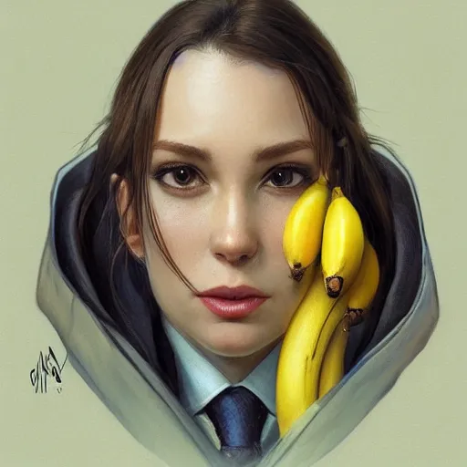 Image similar to an anthropomorphised banana in a business suit, artists portrait, fantasy, highly detailed, digital painting, concept art, sharp focus, depth of field blur, illustration, art by artgerm and greg rutkowski and alphonse mucha