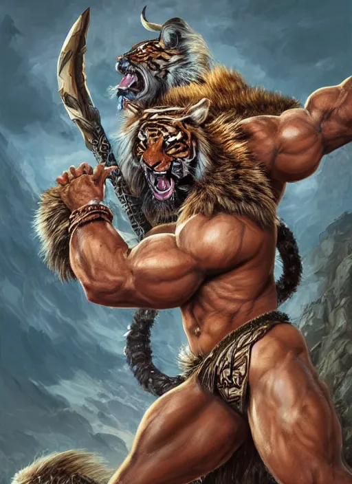 Prompt: a highly detailed illustration of a fierce tribal warrior wearing a tiger mane, heroically screaming into the sky pose, muscular, intricate, elegant, highly detailed, centered, digital painting, artstation, concept art, smooth, sharp focus, league of legends concept art by artgerm and donato giancola and Joseph Christian Leyendecker, WLOP