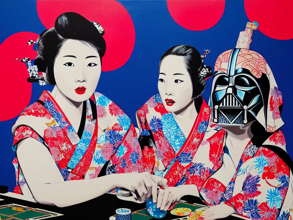 Image similar to hyperrealism composition of the detailed woman in a japanese kimono sitting at a poker table with darth vader, fireworks, waves in the ocean with mountains in the background, pop - art style, jacky tsai style, andy warhol style, acrylic on canvas