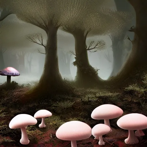 Image similar to leucistic Axolotls in an eerie mushroom forest, matte painting