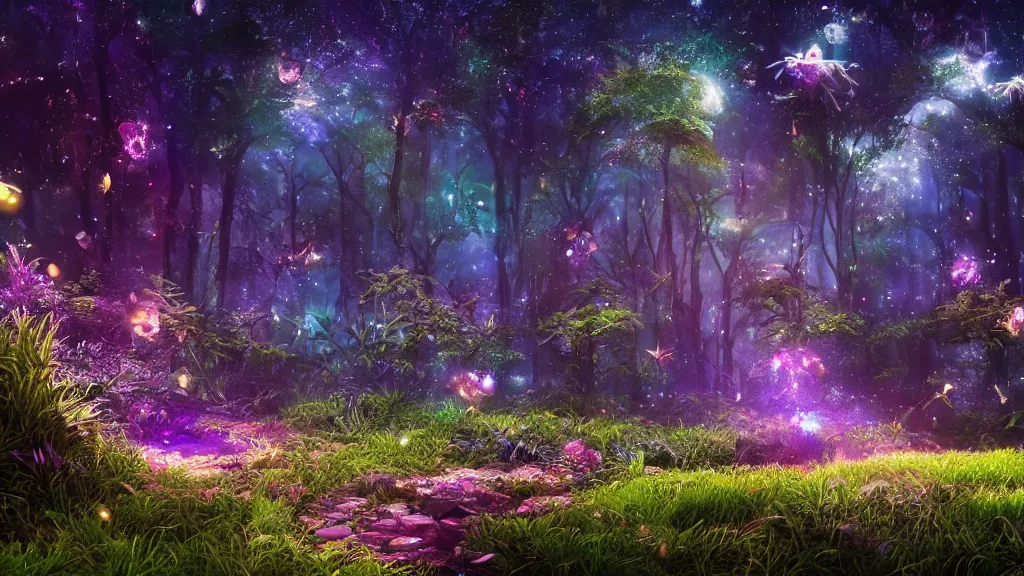 Prompt: beautiful lush magic charmlands mana forest, night sky with dazzling stars, purple grass and foliage, fairies, fireflies, bokeh, octane render, unreal engine, raytracing, crystallized, intricate, hyper detailed, light rays