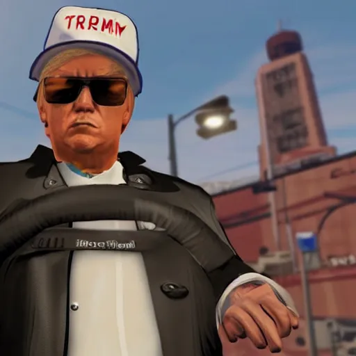 Image similar to donald trump in a gang outfit in gta.