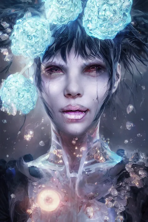 Prompt: ghost in the shell face closeup of beautiful girl necromancer, witch - doctor covered with crystals exploding into ice, 3 d render, hyper realistic detailed portrait, holding magic flowers, ruan jia, wlop. scifi, fantasy, hyper detailed, octane render, concept art, peter mohrbacher