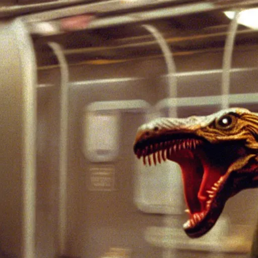 Image similar to a velociraptor riding the subway, new york, 1 9 9 0