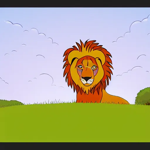 Prompt: A nice lion with a simple rounded line in a meadow, style simpsons, sharp focus, illustration, ArtStation