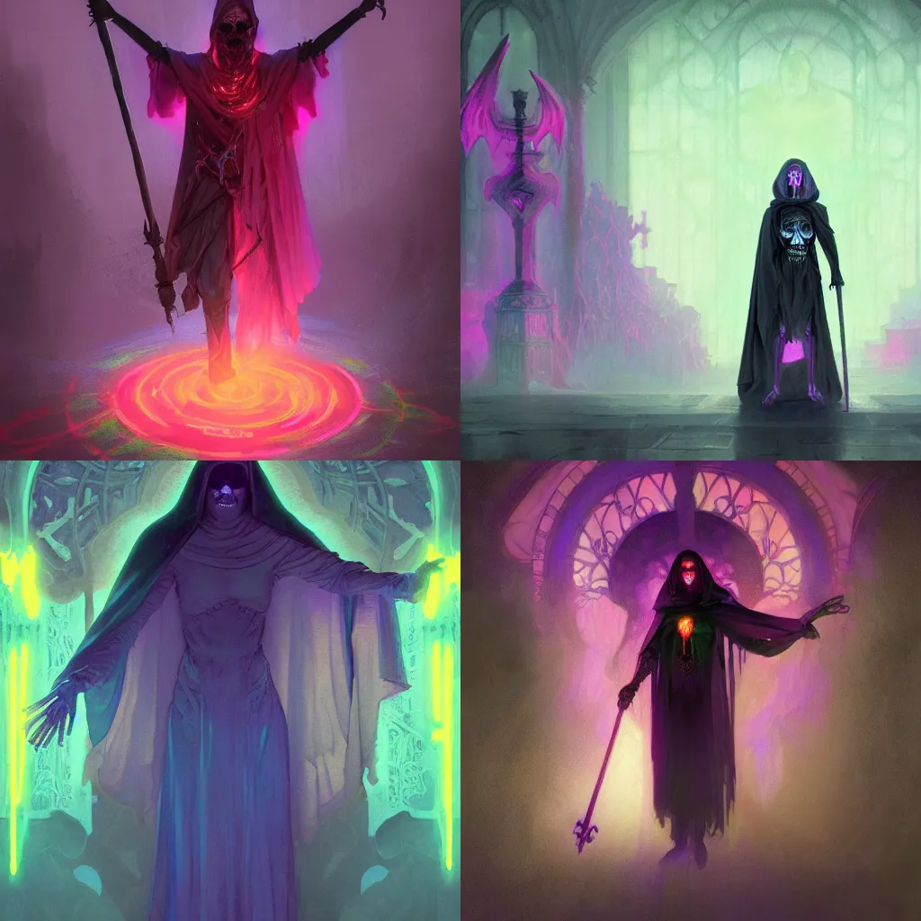 Prompt: ghostly necromancer, full body character with staff in hand, ghost cape, neon color, creepy, skeleton and ghosts, detailed illustration, hd, 4k, digital art, overdetailed art, concept art, by greg rutkowski, by Alfons Mucha, complementing colors, Trending on artstation, deviantart