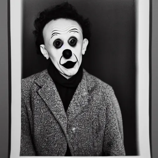 Image similar to portrait of a clown by Diane Arbus, 50mm, black and white photography