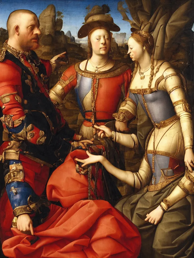 Image similar to a soldier lays his hand on top of the queens head, renaissance portrait, intimate, relaxed posture, high definition, dimly lit, private moment