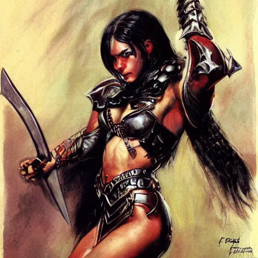 Image similar to portrait of a muscular goth emo girl wearing armor and holding sword by frank fazetta, fantasy, barbarian