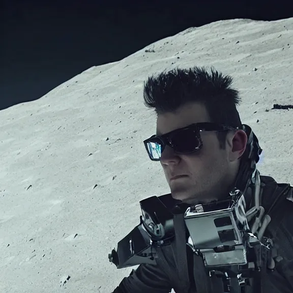 Image similar to dustin bates from starset band doing an epic cinematic pose on the moon, highly detailed, my demons video, masterpiece