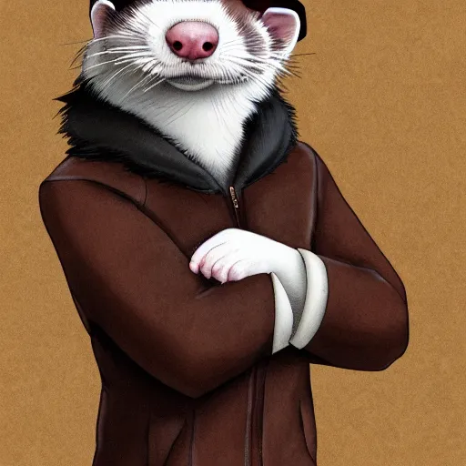 Image similar to ferret furry man, digital art high quality, jacket