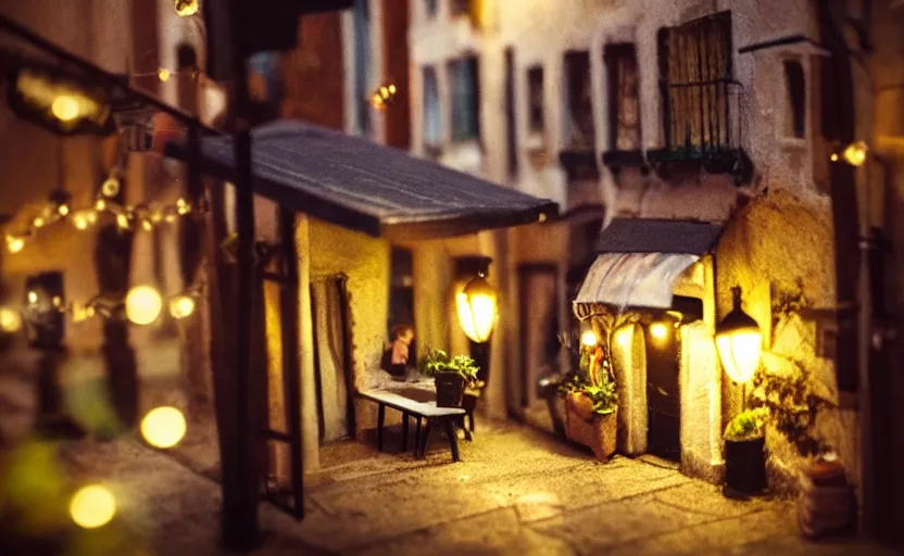Image similar to mini cafe diorama macro photography, alleyway, cafe for felted animals, ambient, atmospheric photograph, string lights, romantic