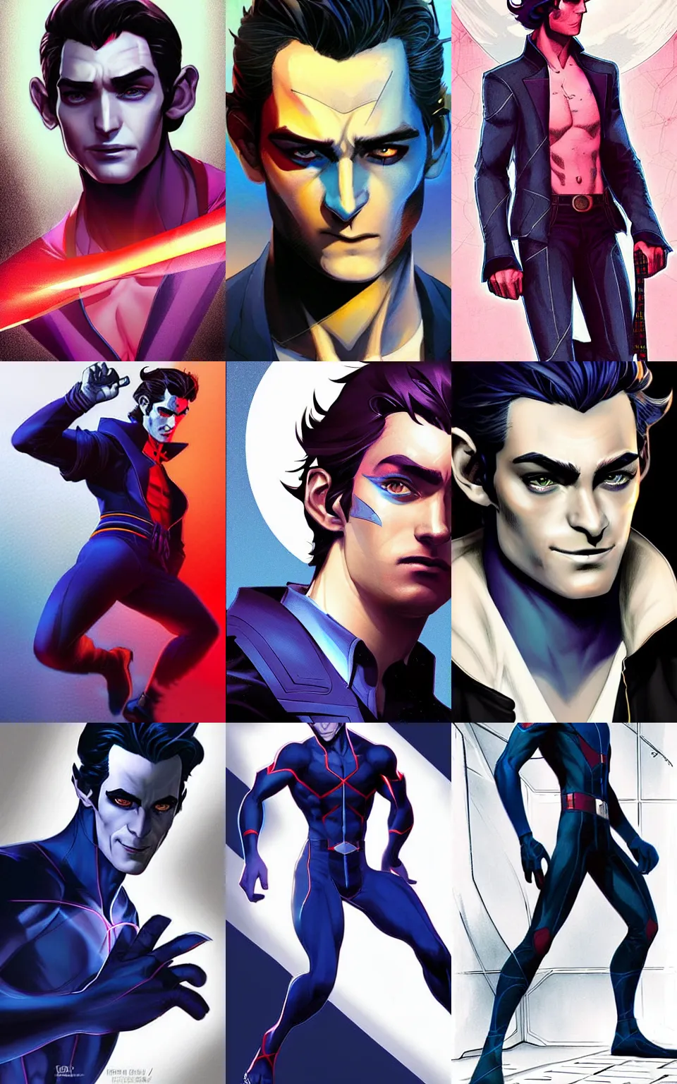 Prompt: Ed Westwick as nightcrawler from the X-men. Character design by charlie bowater, ross tran, artgerm, and makoto shinkai, detailed, inked, western comic book art, 2021 award winning painting