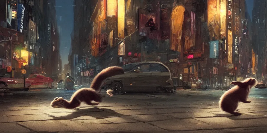 Image similar to a ferret is chasing a rabbit through the streets of new york, warm color palette, night time, dramatic lighting, noir film, fine details, high contrast, blacksad, kim jung gi, greg rutkowski, trending on artstation, 8 k, ultra wide angle