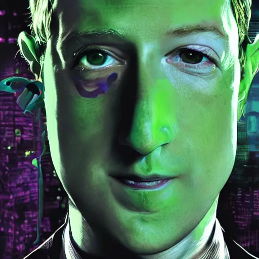 Prompt: Mark Zuckerberg as The Riddler in Joel Schumacher\'s Batman Forever, cinematic movie poster, headshot, highly detailed, 35mm print, artstation, concept art, sharp focus