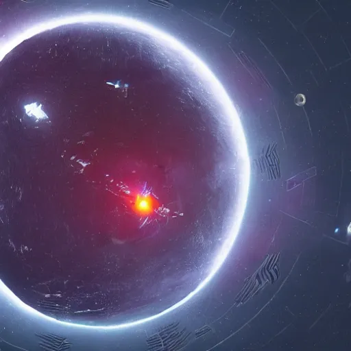 Image similar to A dark, cyberpunk, large space station floating in front of a star blocking out the light to a planet in the far right of the photo.