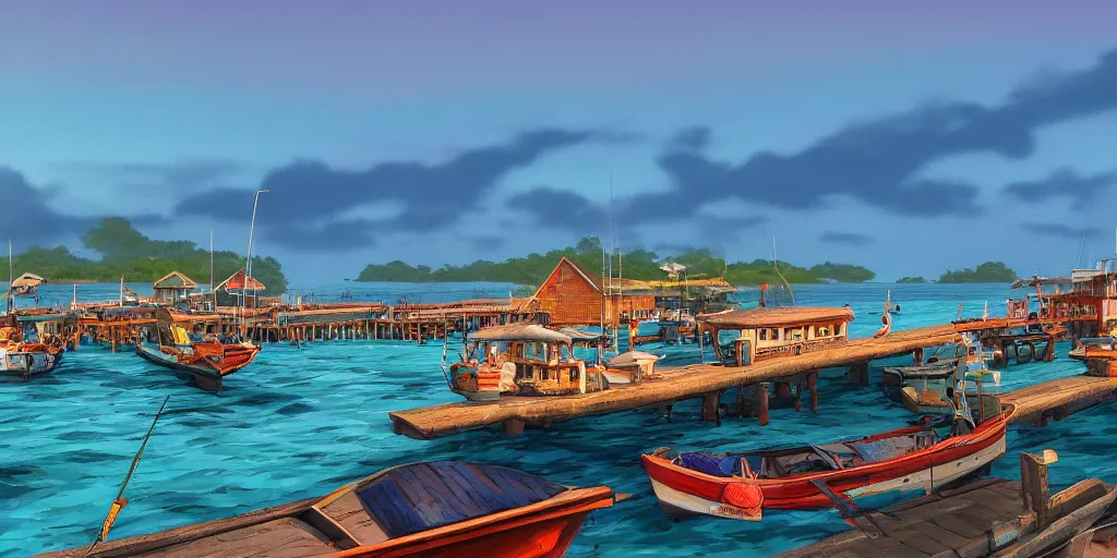 Image similar to pulau indah jetty, boat in foreground, fishing town in background, early morning, detailed matte painting, low angle view, telephoto lens, bokeh, studio ghibli, artstation