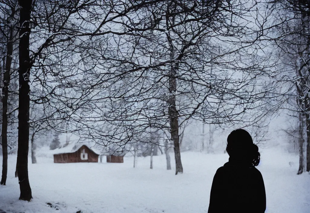 Prompt: lomo photo of a female silhouette standing in front of a wooden cottage in the snow, cinestill, bokeh, out of focus, day, dramatic lighting