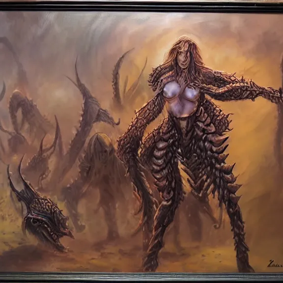 Prompt: female zerg, dark oil painting, realistic behavior