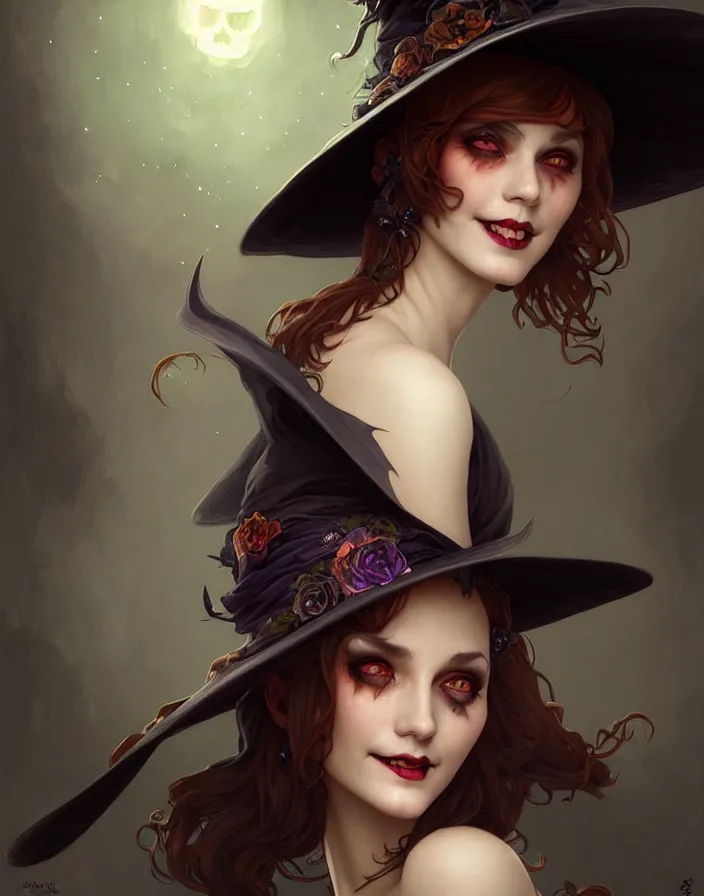 Image similar to halloween witch woman in a hat smiles, fantasy magic, undercut hairstyle, dark light night, intricate, elegant, sharp focus, illustration, highly detailed, digital painting, concept art, matte, art by wlop and artgerm and greg rutkowski and alphonse mucha, masterpiece