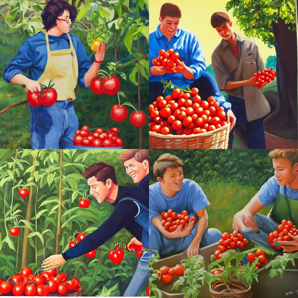 Prompt: “van gosh style painting of a young man picking tomatoes while another man looks at him lovingly, sunny day”