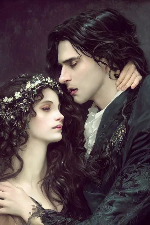 Image similar to romance Bookcover, a portrait of handsome young male vampire with long hair and his elegant beautiful dark bohemian wife, bored, illustration, dramatic lighting, soft details, painting oil on canvas, art nouveau, octane render, HDR, 4k, 8k, HD, by Edmund Blair Leighton, Brom, Charlie Bowater, trending on artstation, faces by Tom Bagshaw, Sargent