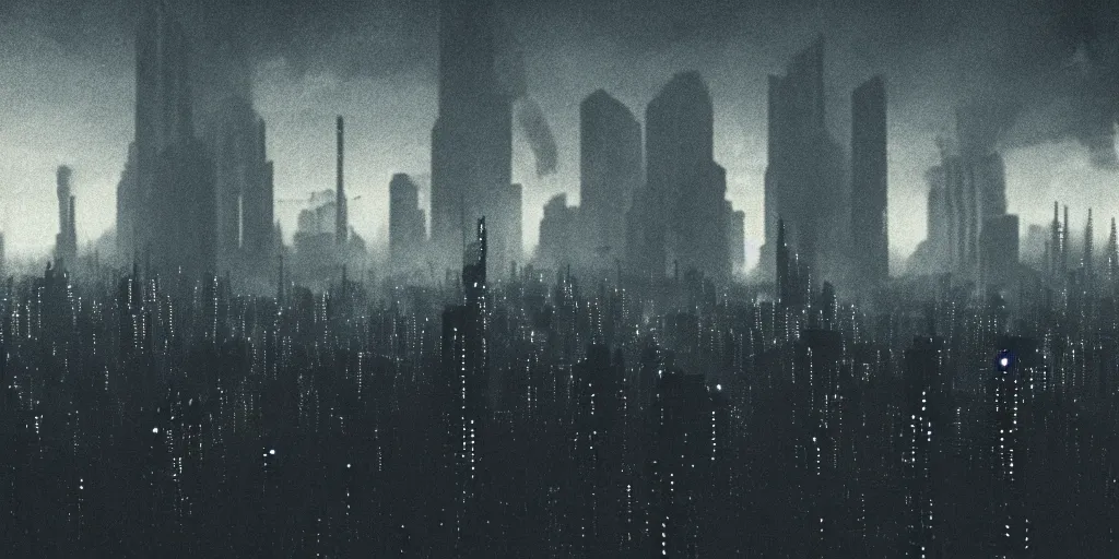 Image similar to 35mm photography film still landscape of noir cyberpunk city with industrial fires and smog, futuristic dystopian megacity skyline, matte painting, neon, sharp focus