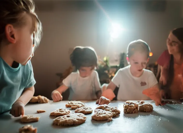 Prompt: a 3 5 mm photo from the back of a family making cookies, splash art, movie still, bokeh, canon 5 0 mm, cinematic lighting, dramatic, film, photography, golden hour, depth of field, award - winning, anamorphic lens flare, 8 k, hyper detailed, 3 5 mm film grain