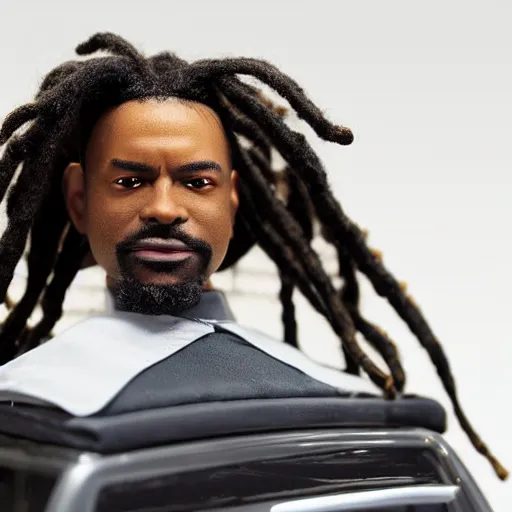 Image similar to black man action figure with dreads standing on top of a black rc pickup truck, close up photograph, white background