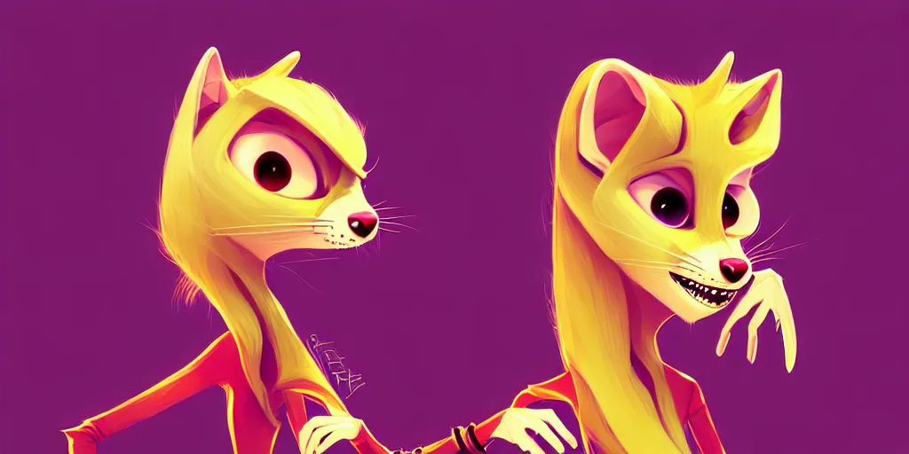 Image similar to curved perspective, extreme narrow, extreme fisheye, digital art of a female marten animal cartoon character wearing jewlery with blonde hairstyle by anton fadeev from nightmare before christmas