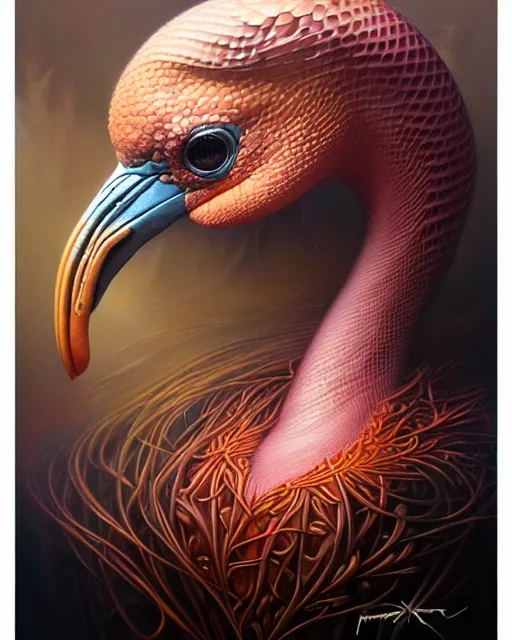 Image similar to a detailed portrait of dreampunk flamingo python hybrid mix by tomasz alen kopera and peter mohrbacher