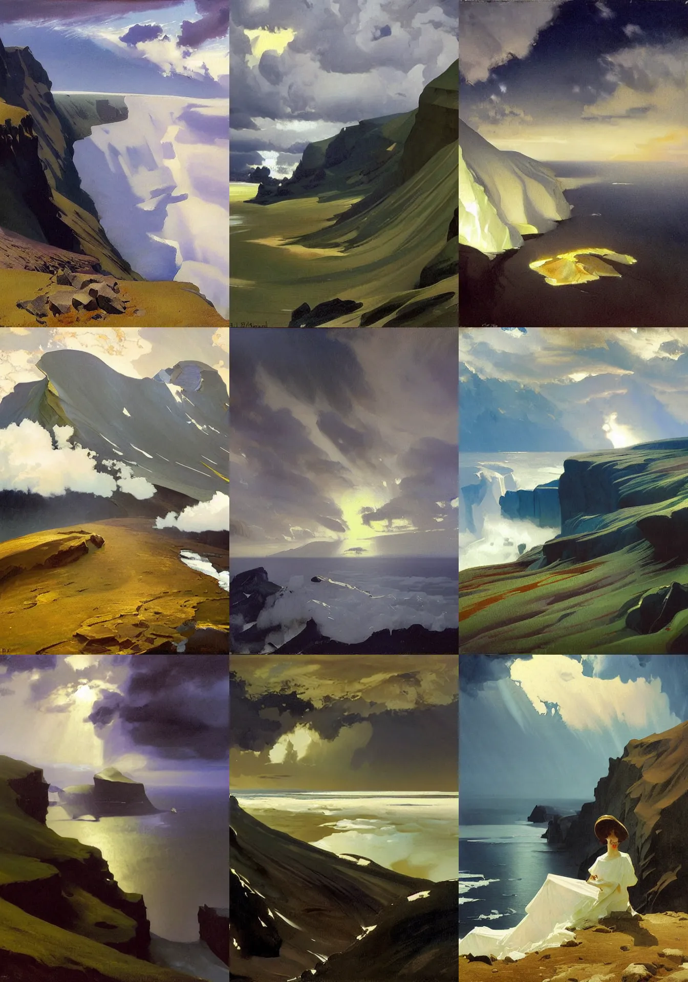 Prompt: painting by sargent and leyendecker and greg hildebrandt savrasov levitan kuindzhi aiwazovsky gorgeous fantasy landscape deep dark night and moonlight above the layered low clouds on madeira faroe azores iceland black coast icebergs and glacier alaska overcast storm wide angle view from above masterpiece