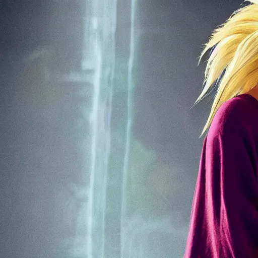 Image similar to face photo of margot robbie as super saiyan powering up long hair wearing hoodie by annie leibovitz