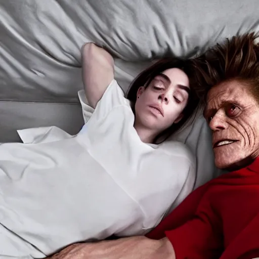 Image similar to willem dafoe lying in a bed with billie eilish