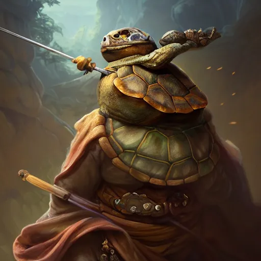 Image similar to cute wise sage turtle holding a staff, wearing a cloak, subsurface scattering, by jesper ejsing, justin gerard, tomasz alen kopera, cgsociety and fenghua zhong, highly detailed, rim light, cinematic lighting, illustration, art, octane render, very coherent, cinematic, hyper realism, high detail, octane render, 8 k