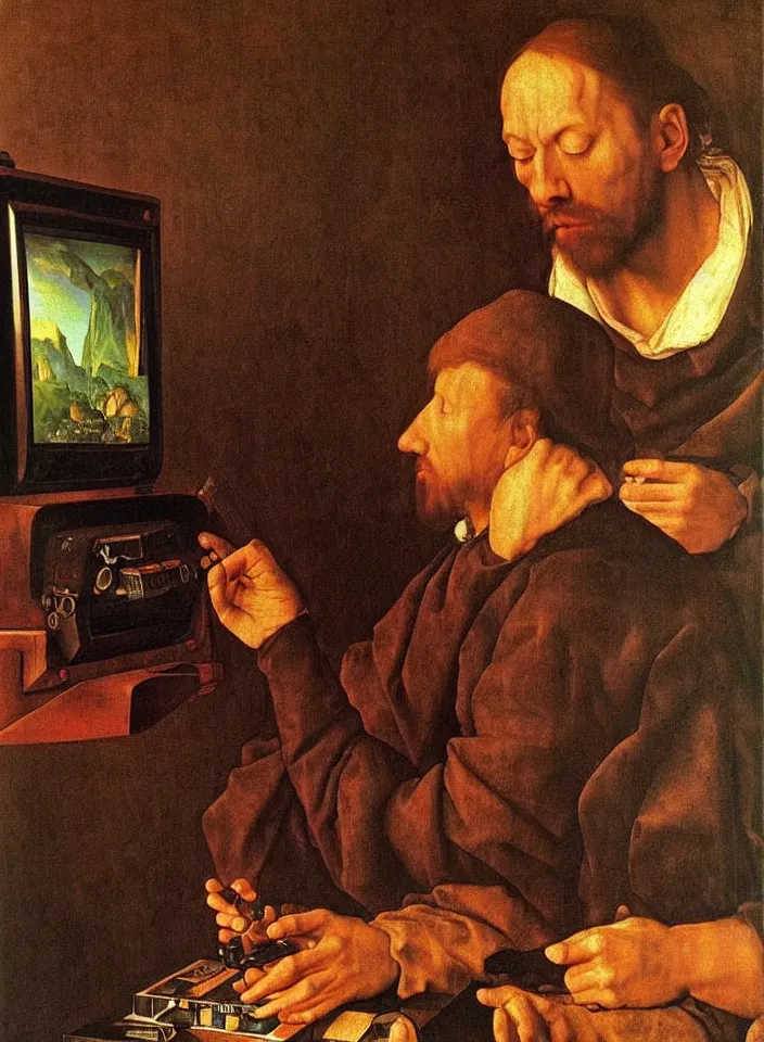 Image similar to Portrait of a man playing a video game on a CRT television. Painting by Albrecht Dürer. Intricate details. hyper realism. Masterpiece.