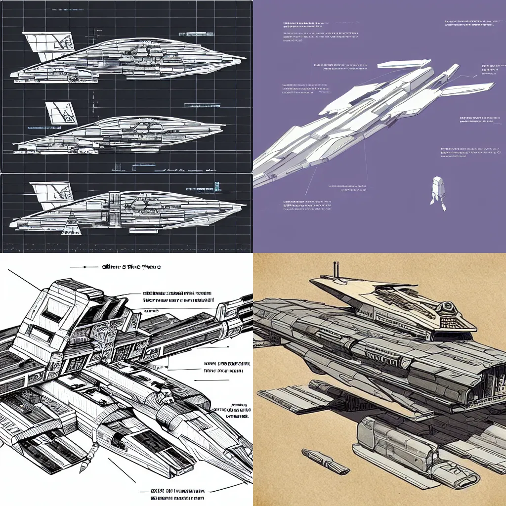 Prompt: axonometric schematics of a star wars spaceship