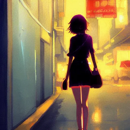 Image similar to a girl smoking, beautiful face, street at night, long hairfine art painting by makoto shinkai, featured on pixiv, hd