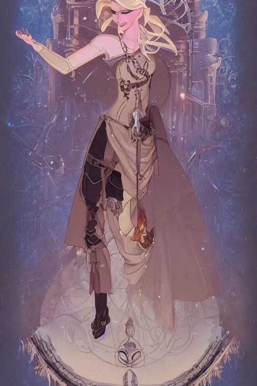 Image similar to elsa from frozen as steampunk half - cyborg, western gunslinger, high fantasy, dnd, smooth, sharp focus, illustration, highly detailed, digital painting, artstation, concept art, by disney animation, rossdraws, alphonse mucha, frank fanzzeta, collectible card art