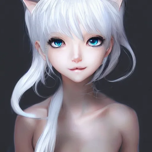 Image similar to Adorable Cat girl, white hair and Luminescent eyes, highly detailed, by Range Murata, artgerm, digital illustration, beautiful, concept art