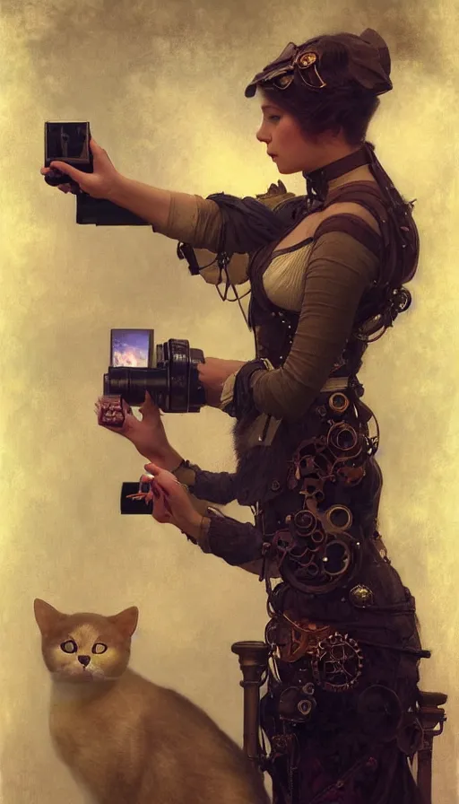 Image similar to hyper realistic photographer taking a picture of a cat, magical, steampunk, painted by tom bagshaw, mucha, gaston bussiere, craig mullins, j. c. leyendecker 8 k