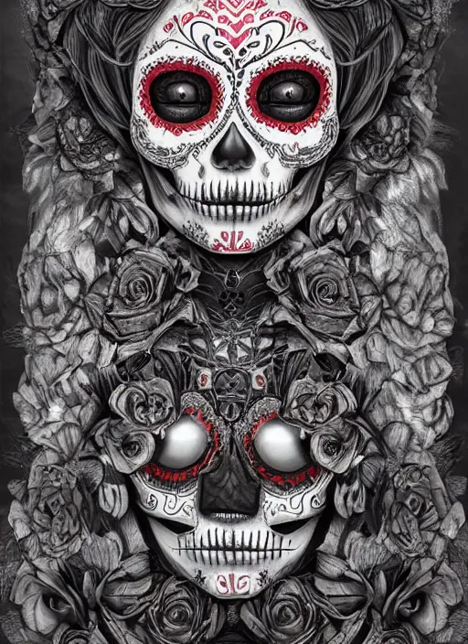 Image similar to portrait of a sugar skull creepy doll, obsidian eyes, intricate, highly detailed, smooth, digital illustration, the dark and quirky art of scott radke