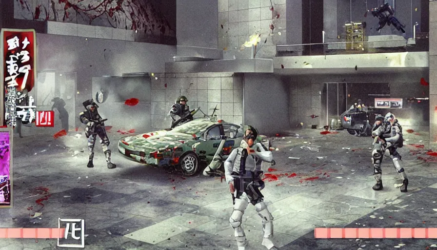 Image similar to 1994 Video Game Screenshot, Anime Neo-tokyo Cyborg bank robbers vs police, Set inside of the Bank Lobby, Multiplayer set-piece in bank lobby, Tactical Squad :9, Police officers under heavy fire, Police Calling for back up, Bullet Holes and Realistic Blood Splatter, :6 Gas Grenades, Riot Shields, Large Caliber Sniper Fire, Chaos, Anime Cyberpunk, Ghost in The shell Bullet VFX, Machine Gun Fire, Violent Gun Action, Shootout, :7 Inspired by Escape From Tarkov + Intruder + Akira :9 by Katsuhiro Otomo: 19