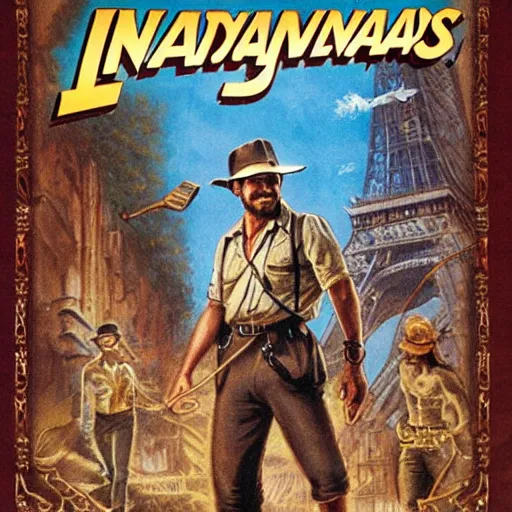 Image similar to video game box art of a commodore 6 4 game called indiana jones goes to paris, 4 k, highly detailed cover art.