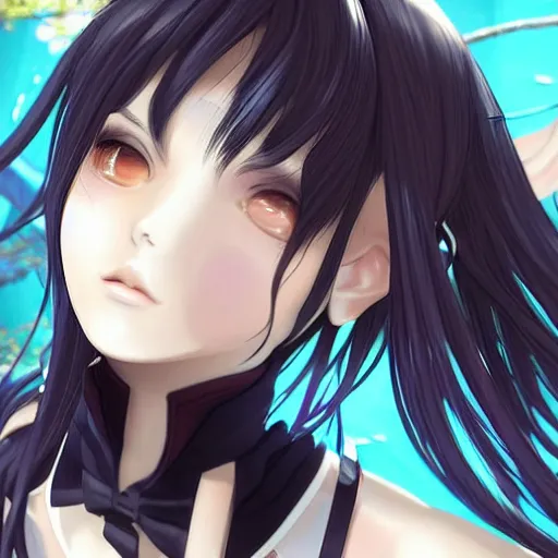 Image similar to luxury advertisement, astonishing portrait of a very beautiful anime schoolgirl with black bob hair in style of cytus and deemo, full perfect face, she is dancing, set in Half-life. Realistic, highly detailed background, artstation, 120 degree view, drawn by Sasoura, Satchely and Akihiko Yoshida, no distortion