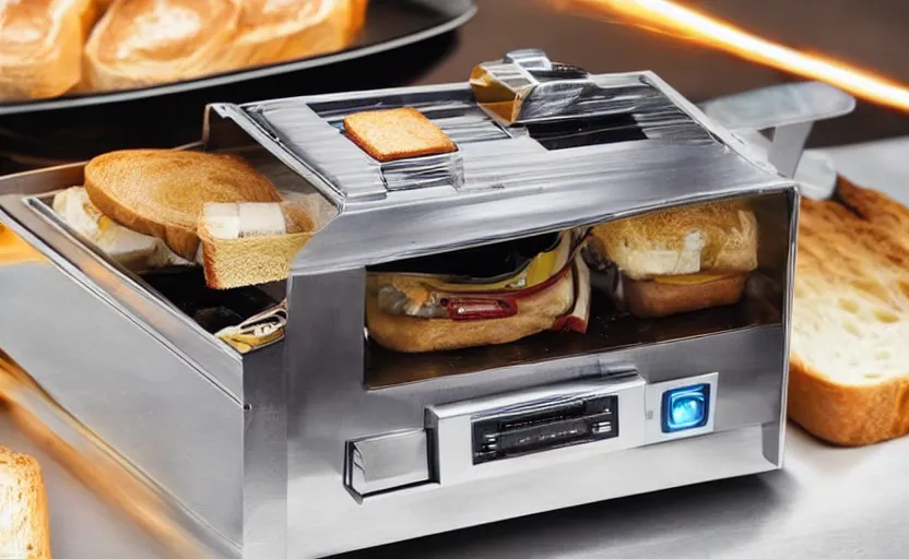 Image similar to a time-traveling delorean styled toaster with toast, bread inserted into slot, glowing heating coils, stainless steel, professional product shot, magazine ad