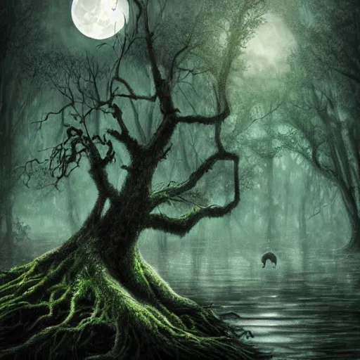 Prompt: highly realistic scenic painting of a towering misty dark fantasy forest surrounding a pond, a water sprite sits on the roots of an ancient tree looking up at the moon, spooky fog, fantasy painting hd