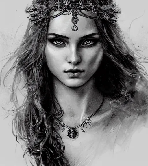 Image similar to beautiful young aphrodite goddess, archer, realistic face, beautiful piercing eyes, black and white drawing, in the style of greg rutkowski, fantasy, amazing detail, epic, intricate, elegant, smooth, sharp focus