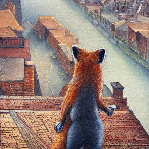 Prompt: anthropomorphic fox standing on a rooftop looking down on the city streets below, highly detailed painting